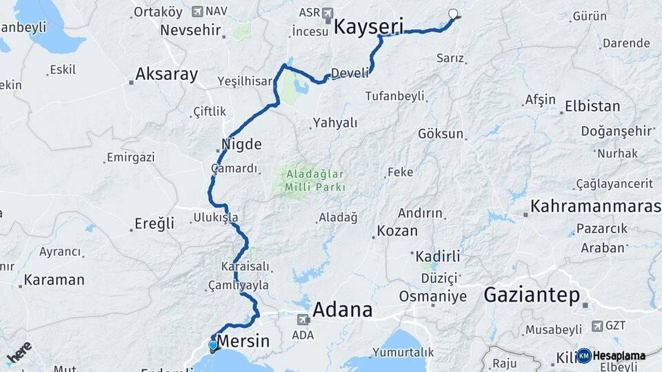 Mersin Pınarbaşı Kayseri Arası Kaç Km - Yol Haritası