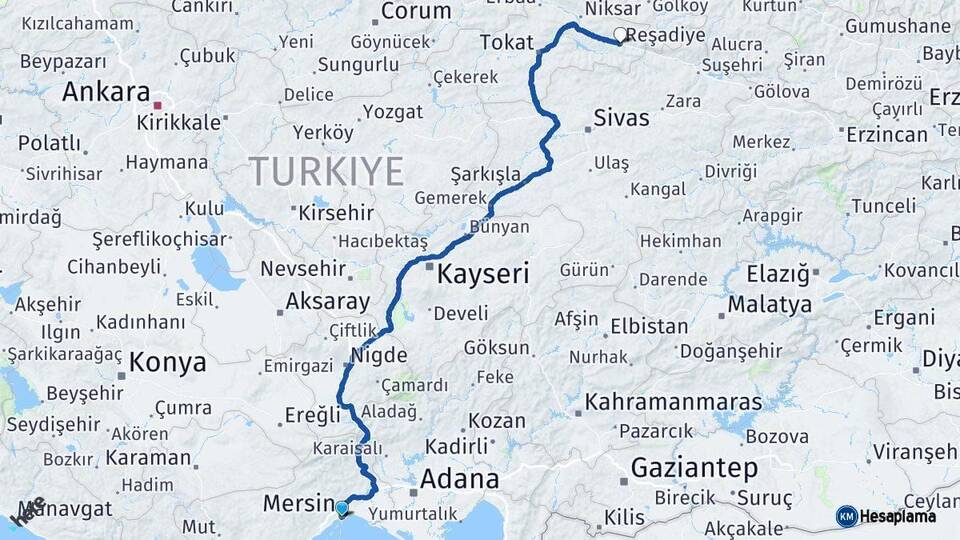 Mersin Reşadiye Tokat Arası Kaç Km - Yol Haritası