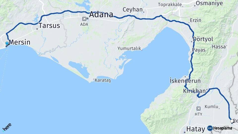 Mersin Reyhanlı Hatay Arası Kaç Km - Yol Haritası