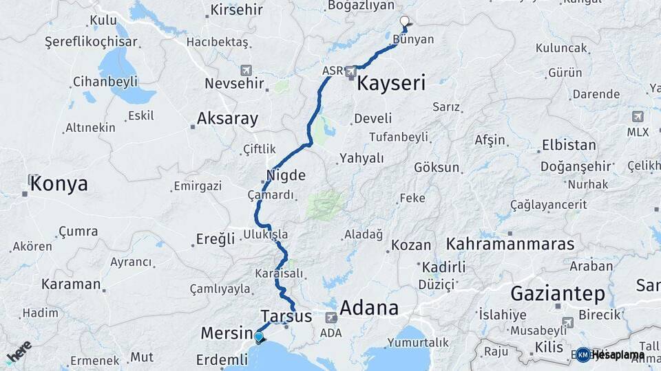 Mersin Sarıoğlan Kayseri Arası Kaç Km - Yol Haritası