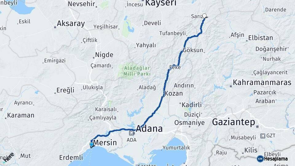 Mersin Sarız Kayseri Arası Kaç Km - Yol Haritası