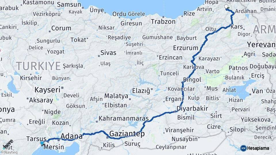 Mersin Şavşat Artvin Arası Kaç Km - Yol Haritası