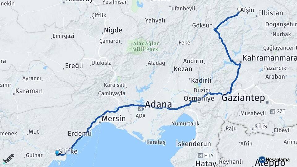 Mersin Silifke Afşin Kahramanmaraş Arası Kaç Km - Yol Haritası