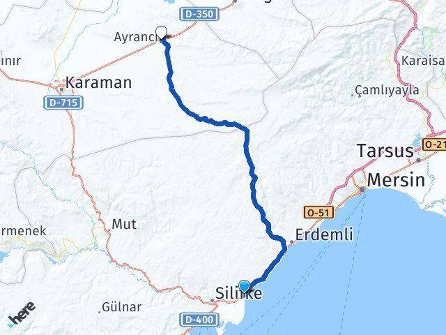 Mersin Silifke Atakent Ayrancı Karaman Arası Kaç Km - Yol Haritası