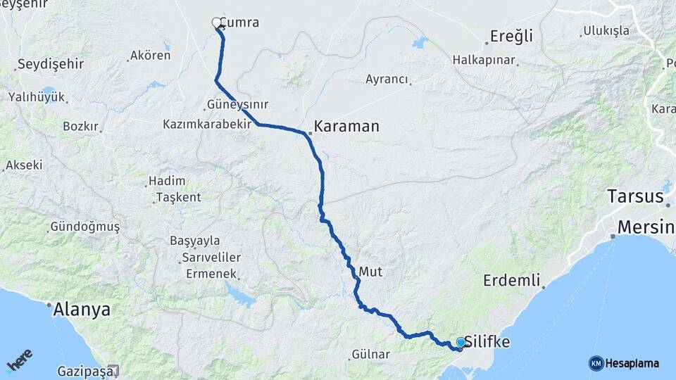 Mersin Silifke Çumra Konya Arası Kaç Km - Yol Haritası