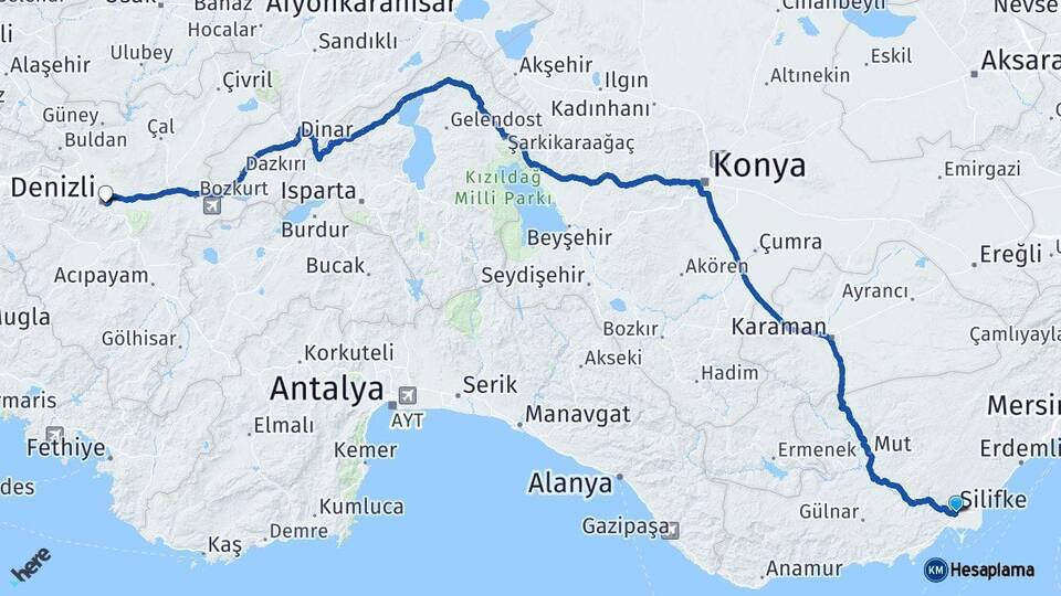 Mersin Silifke Denizli Arası Kaç Km - Yol Haritası