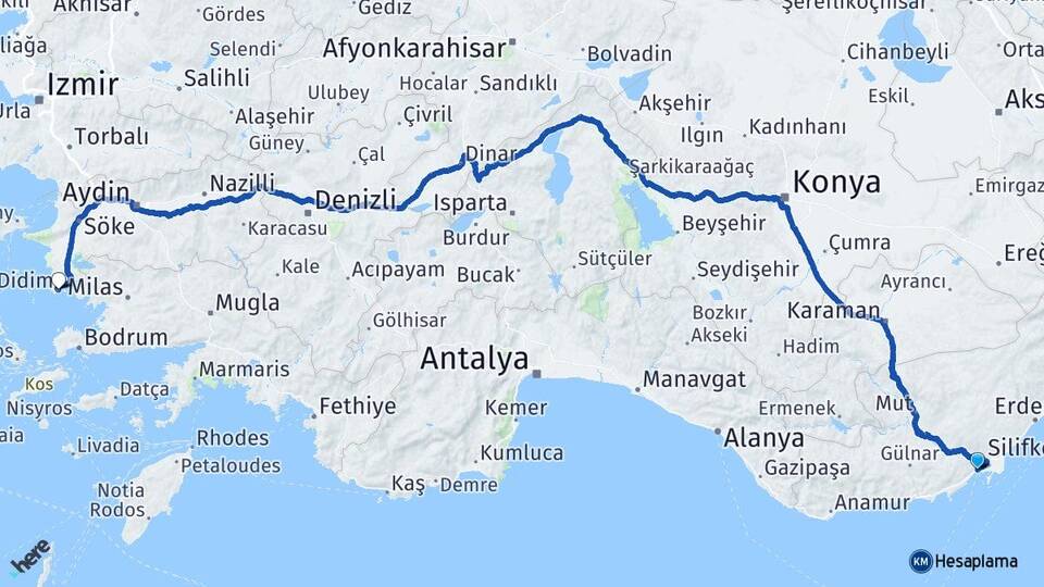 Mersin Silifke Taşucu Didim Aydın Arası Kaç Km - Yol Haritası