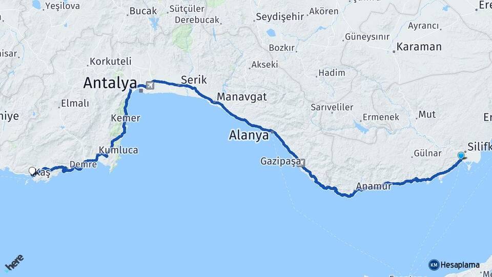 Mersin Silifke Taşucu Kaş Antalya Arası Kaç Km - Yol Haritası