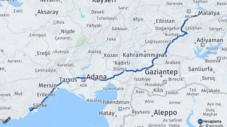 Mersin Silifke Taşucu Malatya Arası Kaç Km - Yol Haritası