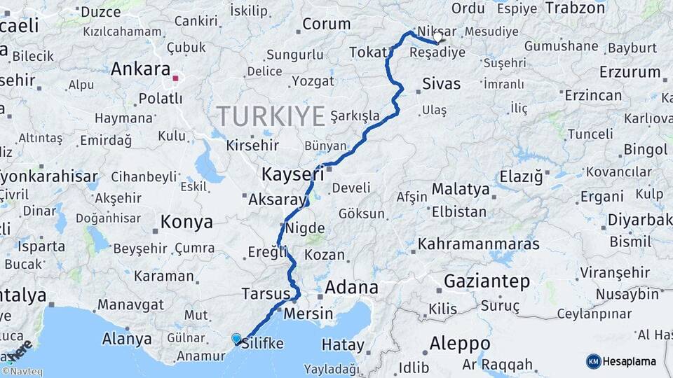 Mersin Silifke Taşucu Reşadiye Tokat Arası Kaç Km - Yol Haritası