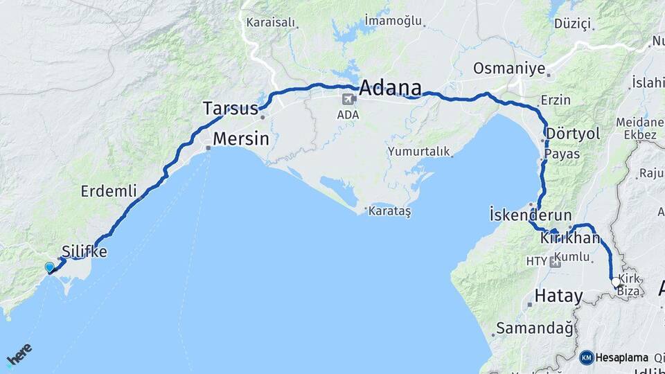 Mersin Silifke Taşucu Reyhanlı Hatay Arası Kaç Km - Yol Haritası