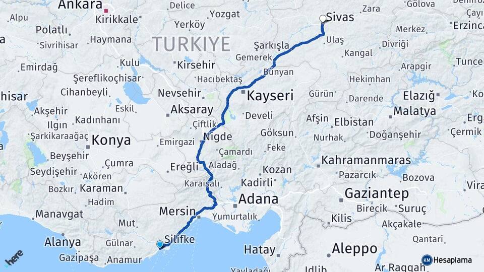 Mersin Silifke Taşucu Sivas Arası Kaç Km - Yol Haritası