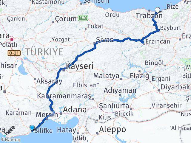 Mersin Silifke Taşucu Sürmene Trabzon Arası Kaç Km - Yol Haritası