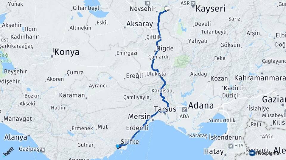 Mersin Silifke Taşucu Ürgüp Nevşehir Arası Kaç Km - Yol Haritası