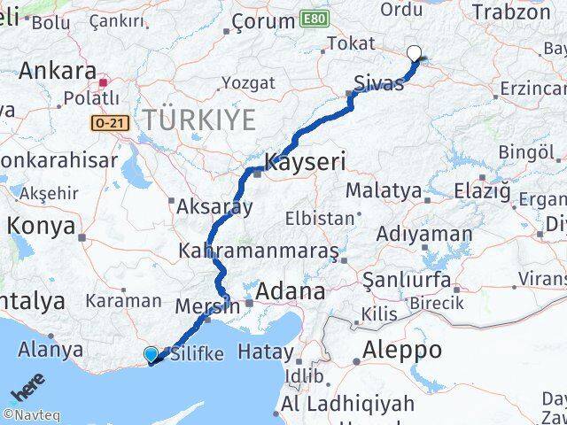 Mersin Silifke Yeşilovacık Suşehri Sivas Arası Kaç Km - Yol Haritası