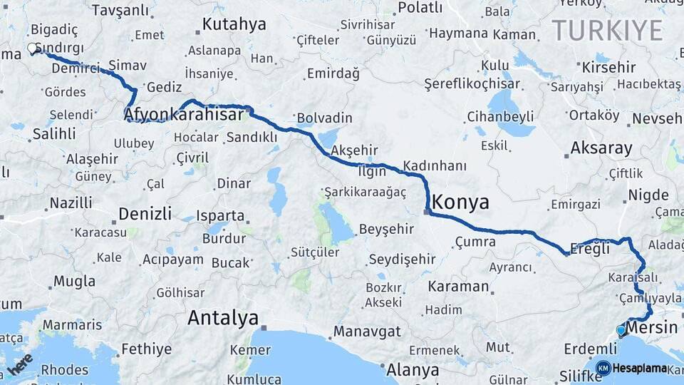 Mersin Sındırgı Balıkesir Arası Kaç Km - Yol Haritası