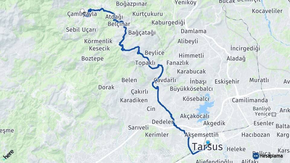 Mersin Tarsus Çamlıyayla Arası Kaç Km - Yol Haritası