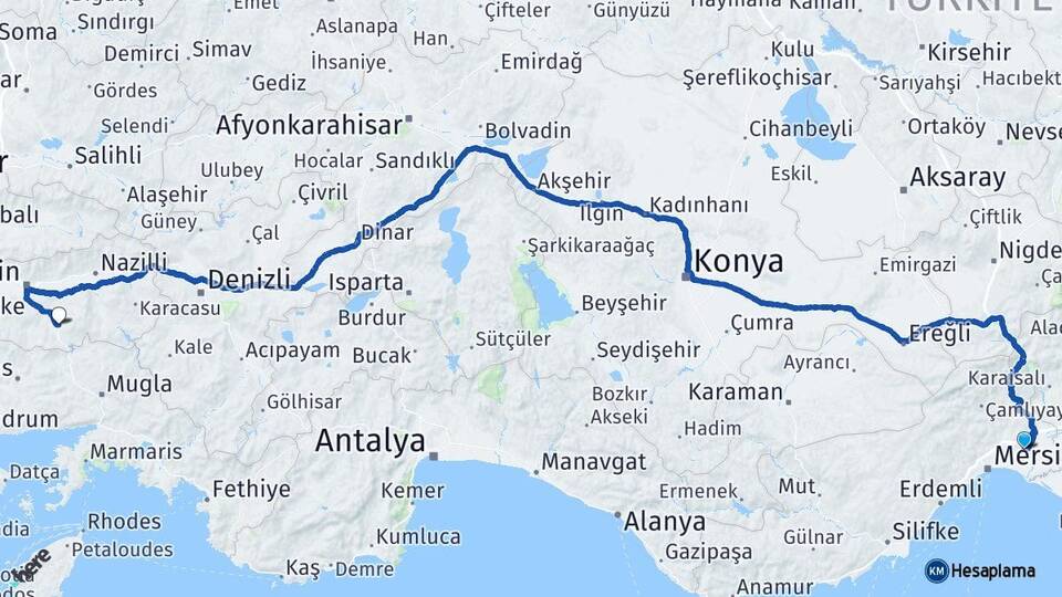 Mersin Tarsus Çine Aydın Arası Kaç Km - Yol Haritası
