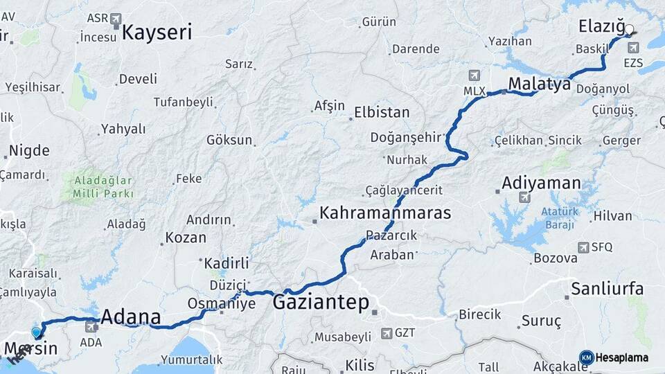 Mersin Tarsus Elazığ Arası Kaç Km - Yol Haritası