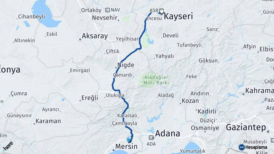 Mersin Tarsus Kayseri Arası Kaç Km - Yol Haritası