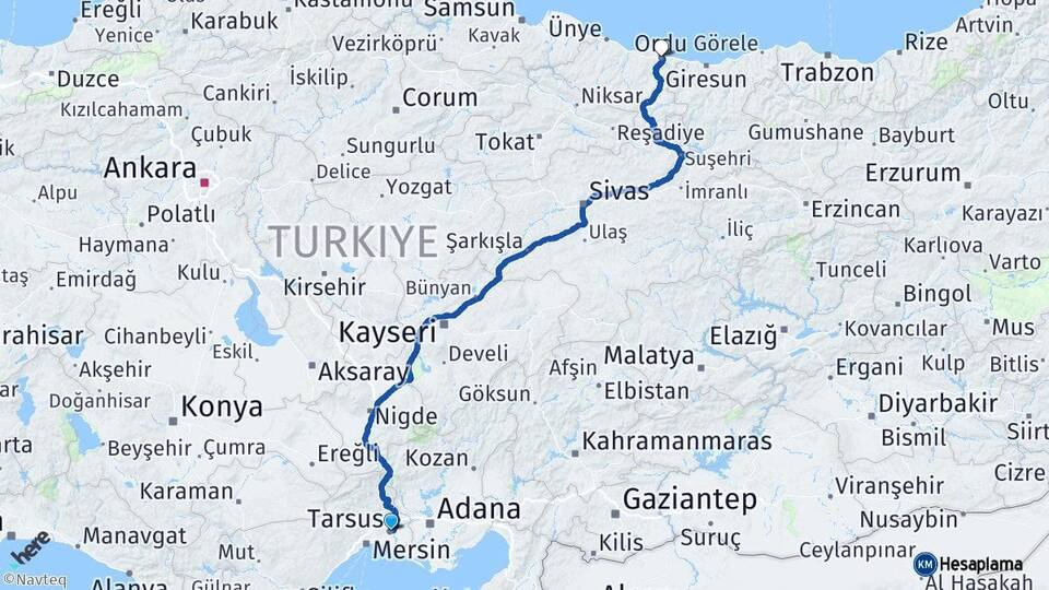 Mersin Tarsus Ordu Arası Kaç Km - Yol Haritası