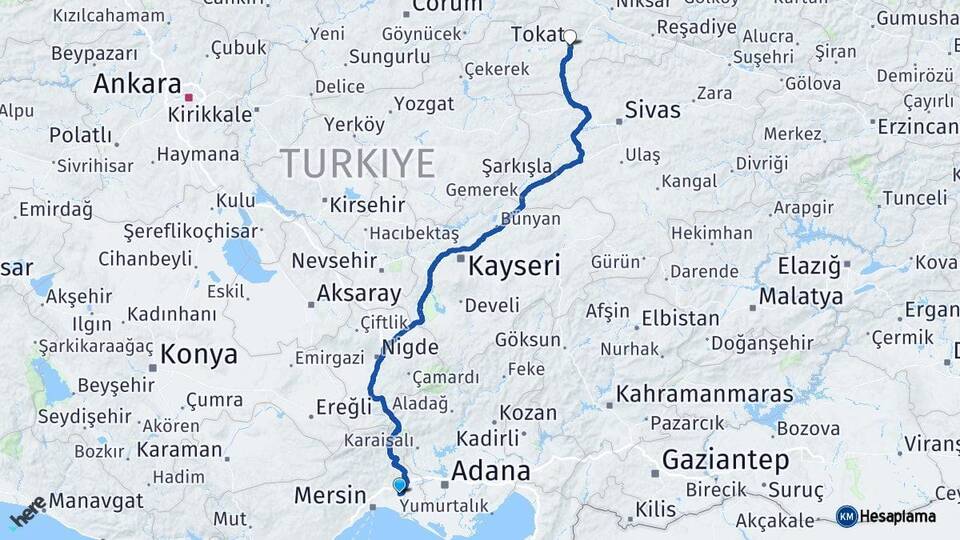 Mersin Tarsus Tokat Arası Kaç Km - Yol Haritası