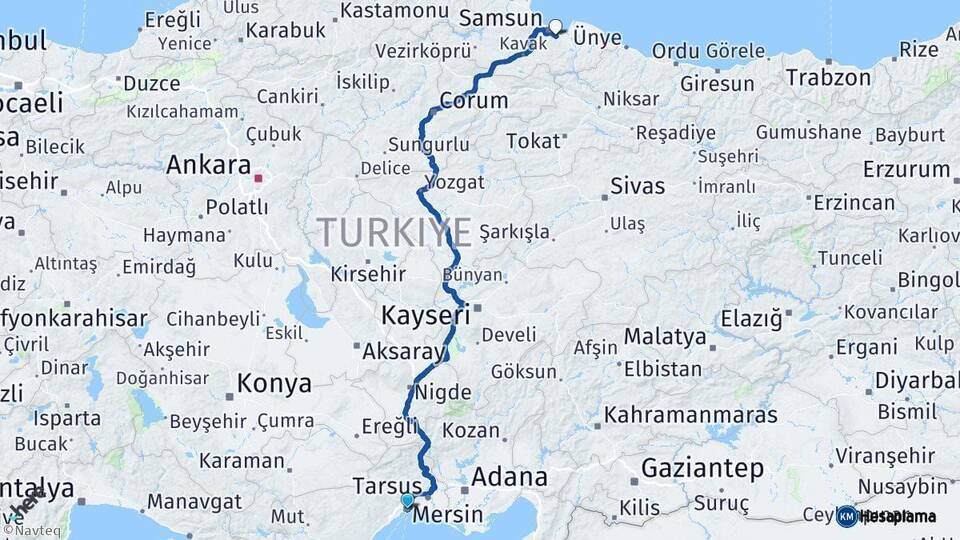 Mersin Tekkeköy Samsun Arası Kaç Km - Yol Haritası