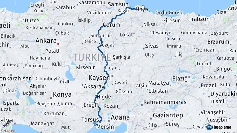 Mersin Terme Samsun Arası Kaç Km - Yol Haritası