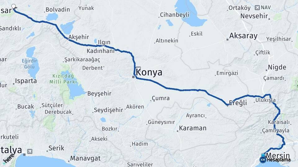 Mersin Toroslar Afyonkarahisar Arası Kaç Km - Yol Haritası