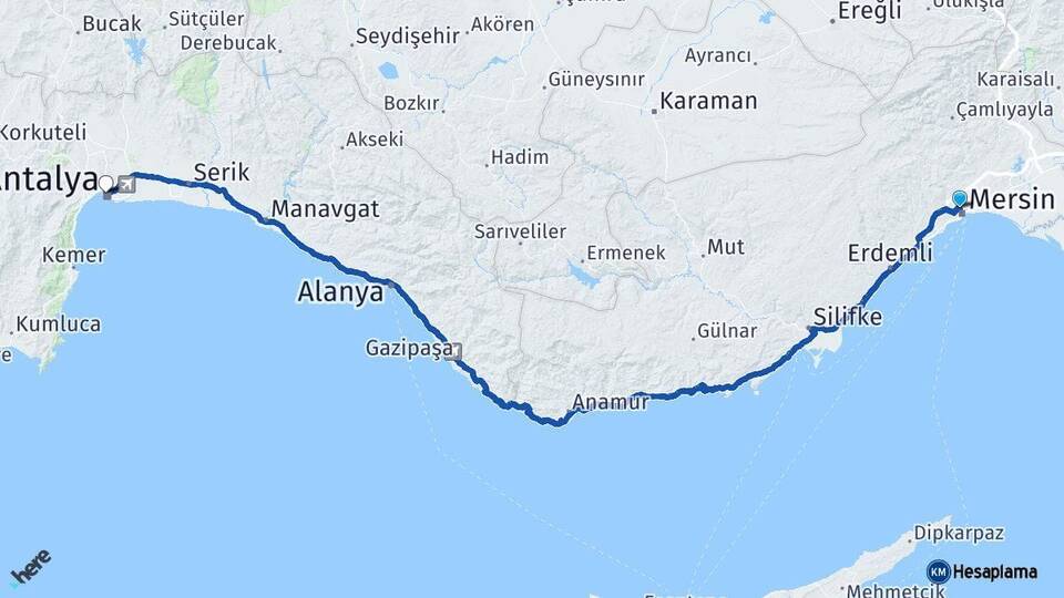 Mersin Toroslar Antalya Arası Kaç Km - Yol Haritası