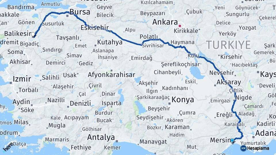 Mersin Toroslar Balıkesir Arası Kaç Km - Yol Haritası