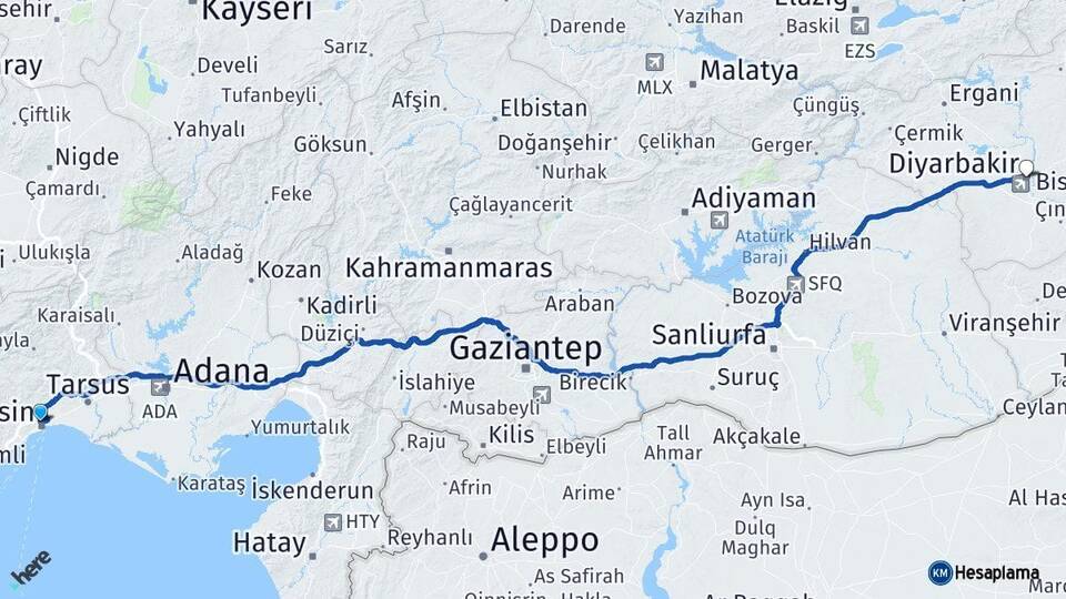 Mersin Toroslar Diyarbakır Arası Kaç Km - Yol Haritası