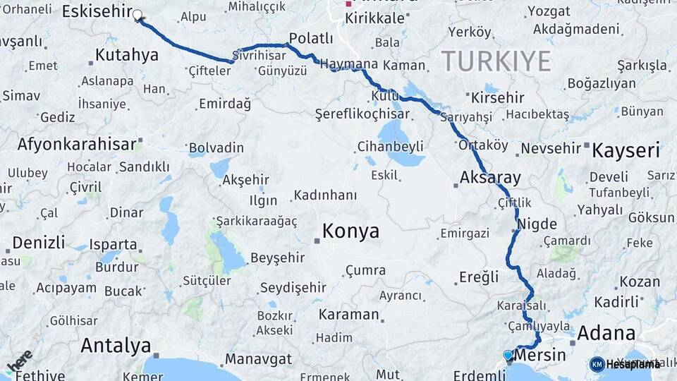 Mersin Toroslar Eskişehir Arası Kaç Km - Yol Haritası