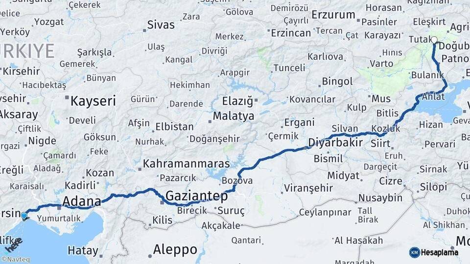 Mersin Tutak Ağrı Arası Kaç Km - Yol Haritası