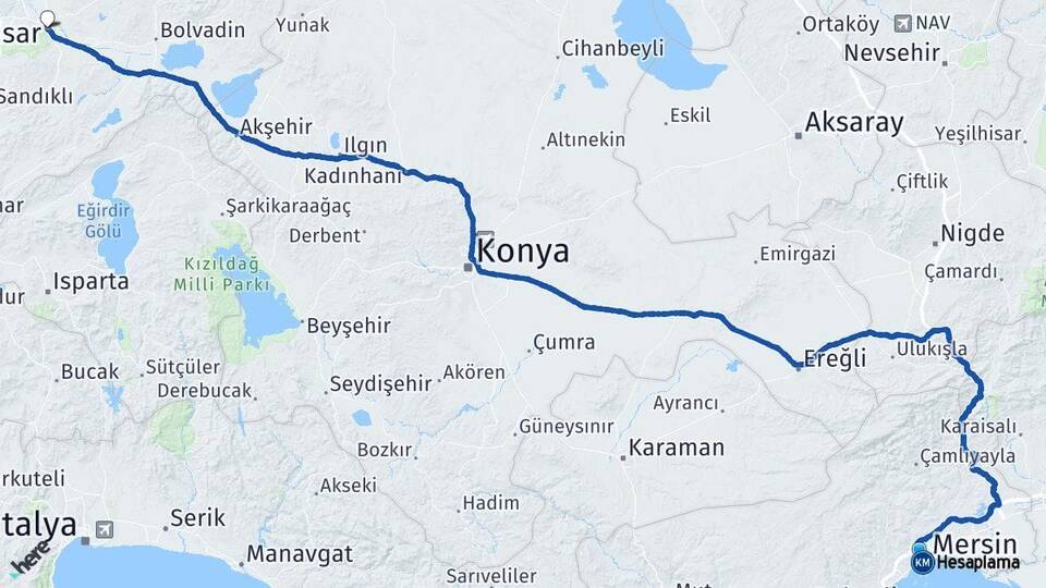 Mersin Yenişehir Afyonkarahisar Arası Kaç Km - Yol Haritası