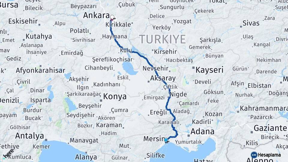 Mersin Yenişehir Ankara Arası Kaç Km - Yol Haritası