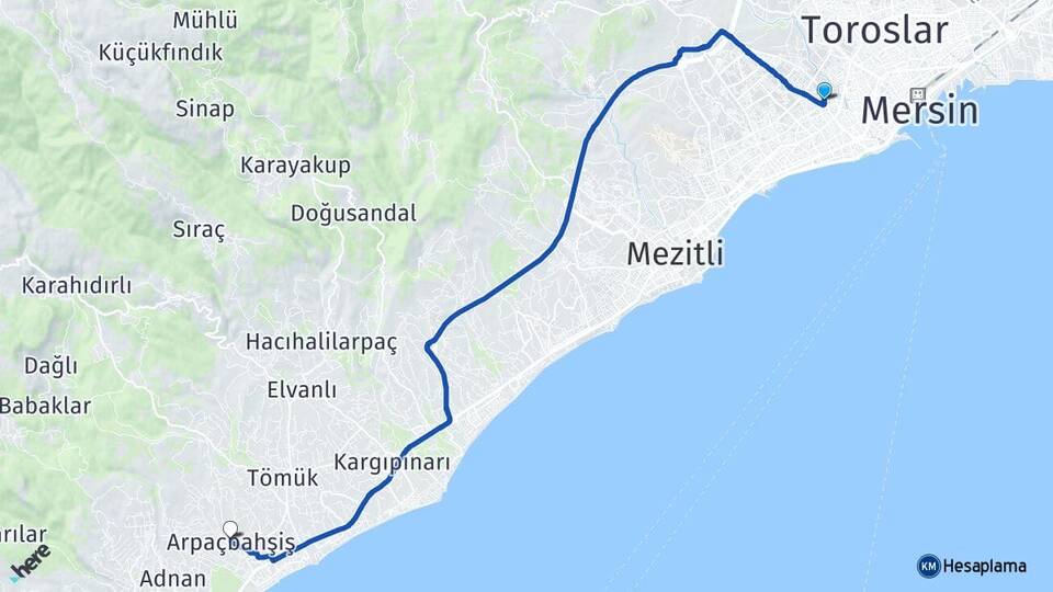 Mersin Yenişehir Arpaçbahşiş Erdemli Arası Kaç Km - Yol Haritası