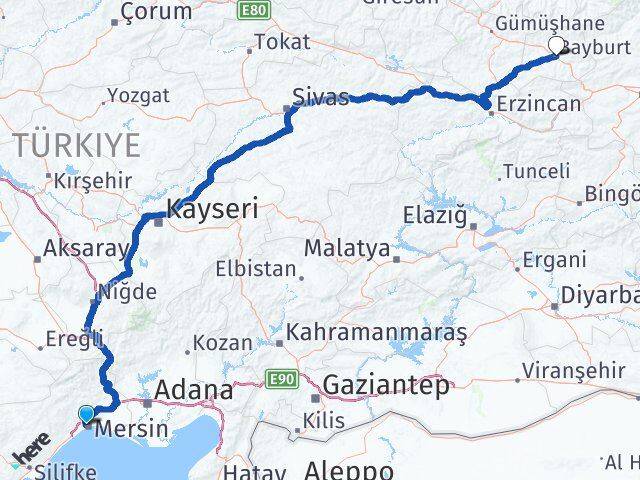 Mersin Yenişehir Bayburt Arası Kaç Km - Yol Haritası