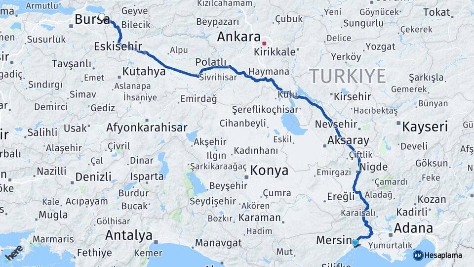Mersin Yenişehir Bursa Arası Kaç Km - Yol Haritası