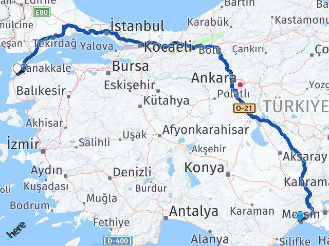 Mersin Yenişehir Çanakkale Arası Kaç Km - Yol Haritası