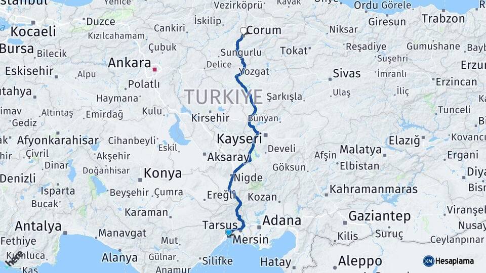 Mersin Yenişehir Çorum Arası Kaç Km - Yol Haritası