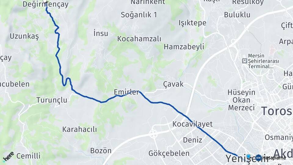 Mersin Yenişehir Değirmençay Yenişehir Arası Kaç Km - Yol Haritası