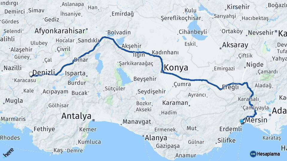 Mersin Yenişehir Denizli Arası Kaç Km - Yol Haritası