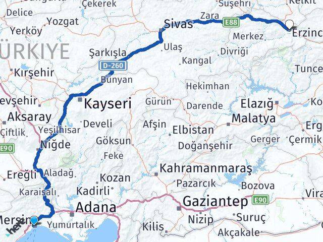 Mersin Yenişehir Erzincan Arası Kaç Km - Yol Haritası