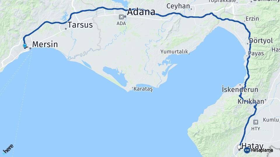 Mersin Yenişehir Hatay Arası Kaç Km - Yol Haritası