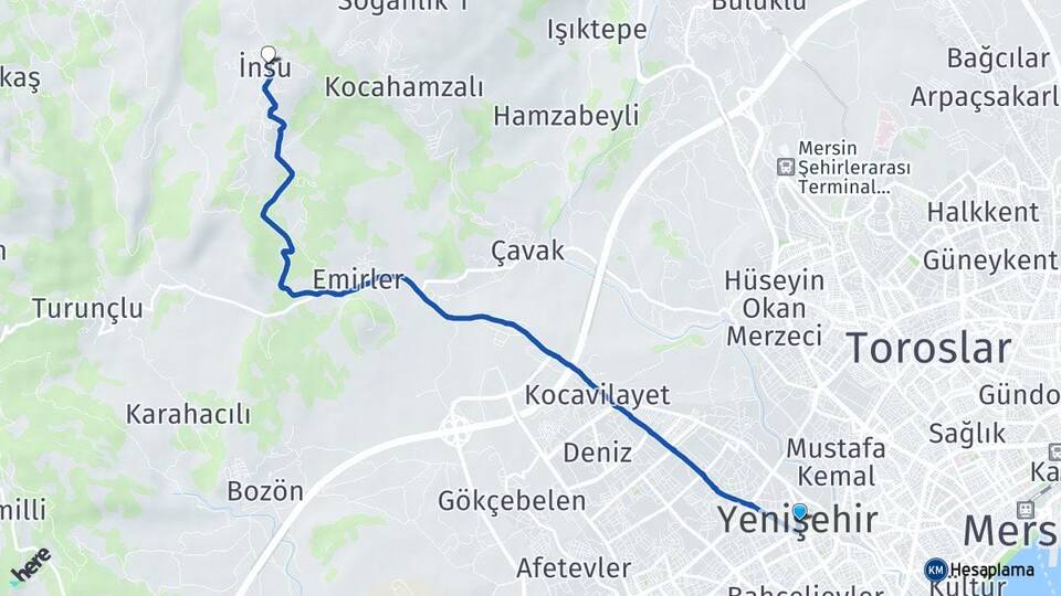 Mersin Yenişehir İnsu Yenişehir Arası Kaç Km - Yol Haritası