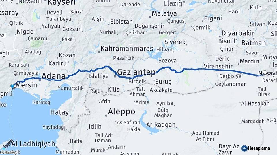 Mersin Yenişehir Kantar Nusaybin Mardin Arası Kaç Km - Yol Haritası