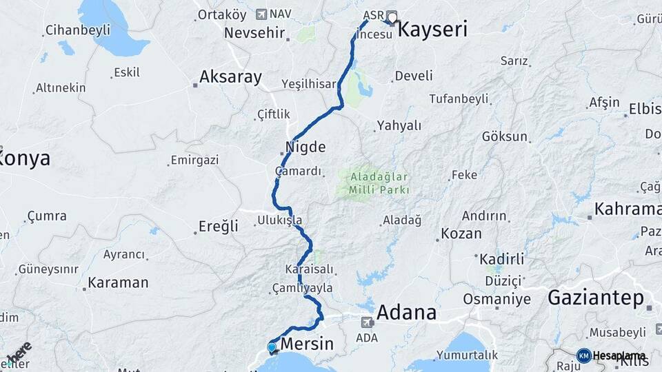 Mersin Yenişehir Kayseri Arası Kaç Km - Yol Haritası