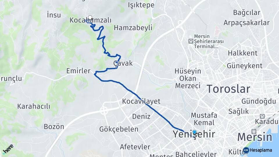 Mersin Yenişehir Kocahamzalı Yenişehir Arası Kaç Km - Yol Haritası