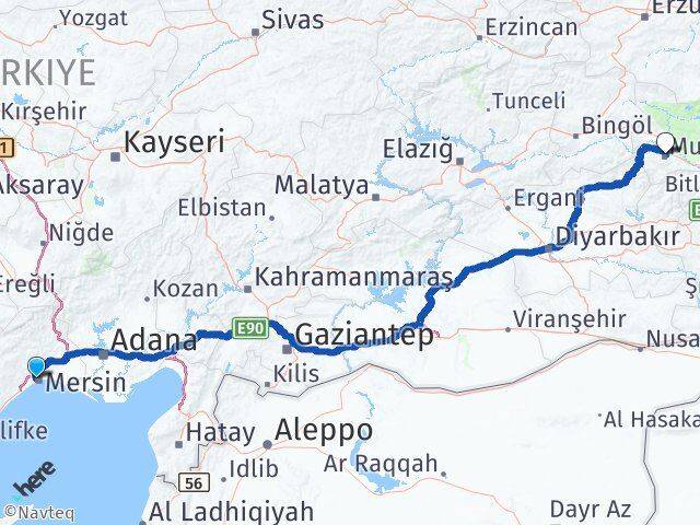 Mersin Yenişehir Muş Arası Kaç Km - Yol Haritası